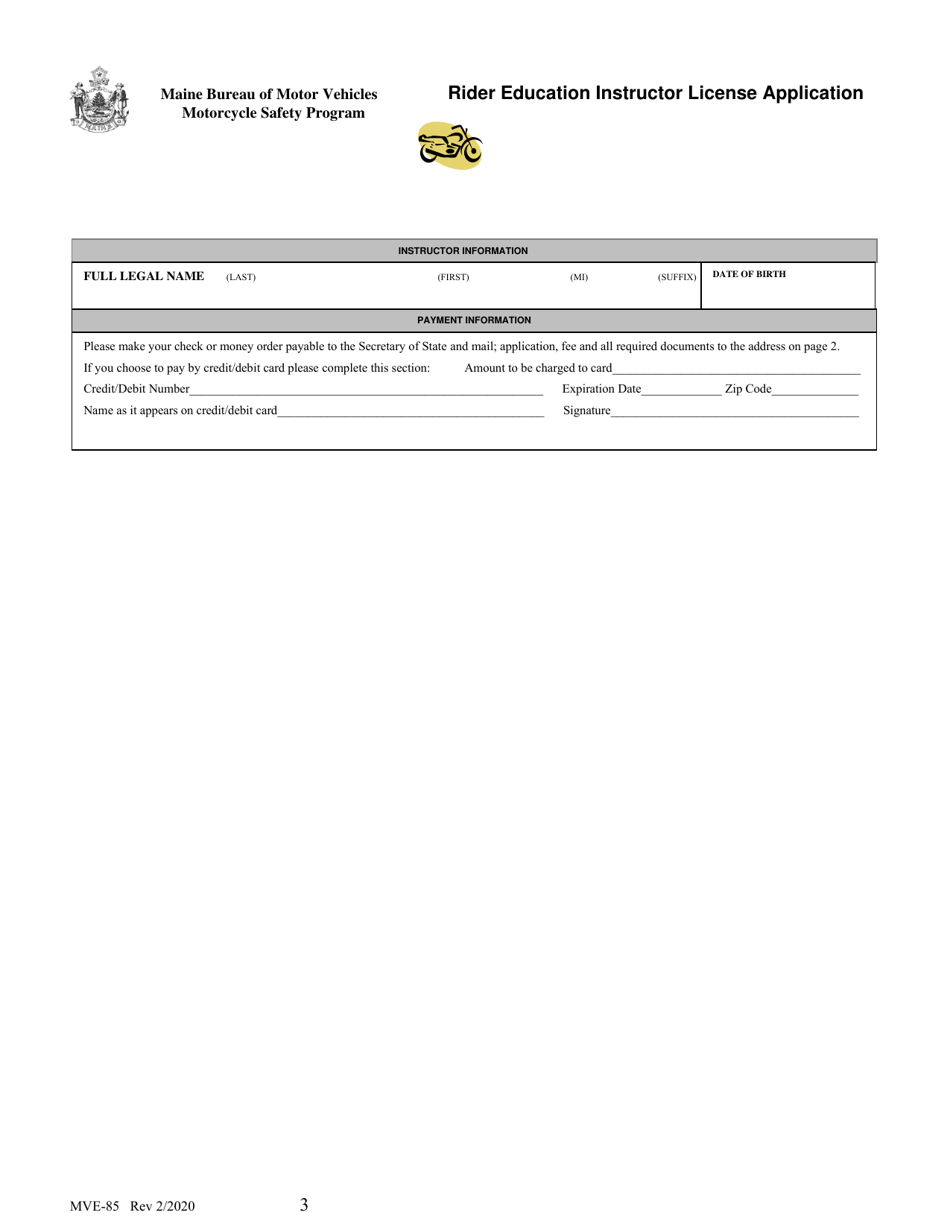 Form MVE-85 Rider Education Instructor License Application - Maine, Page 3