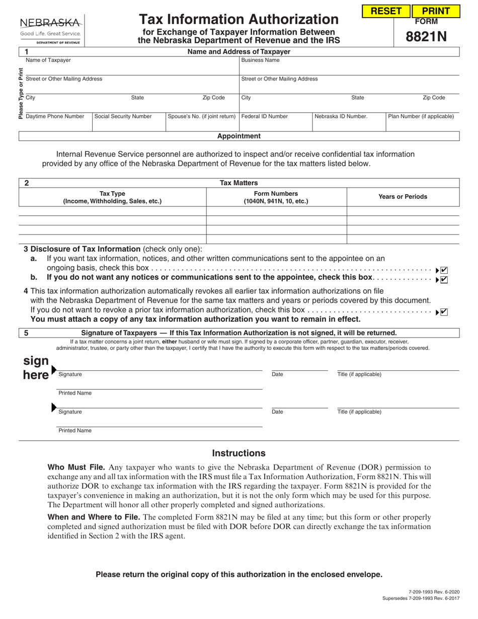 Form 8821N Fill Out, Sign Online and Download Fillable PDF, Nebraska