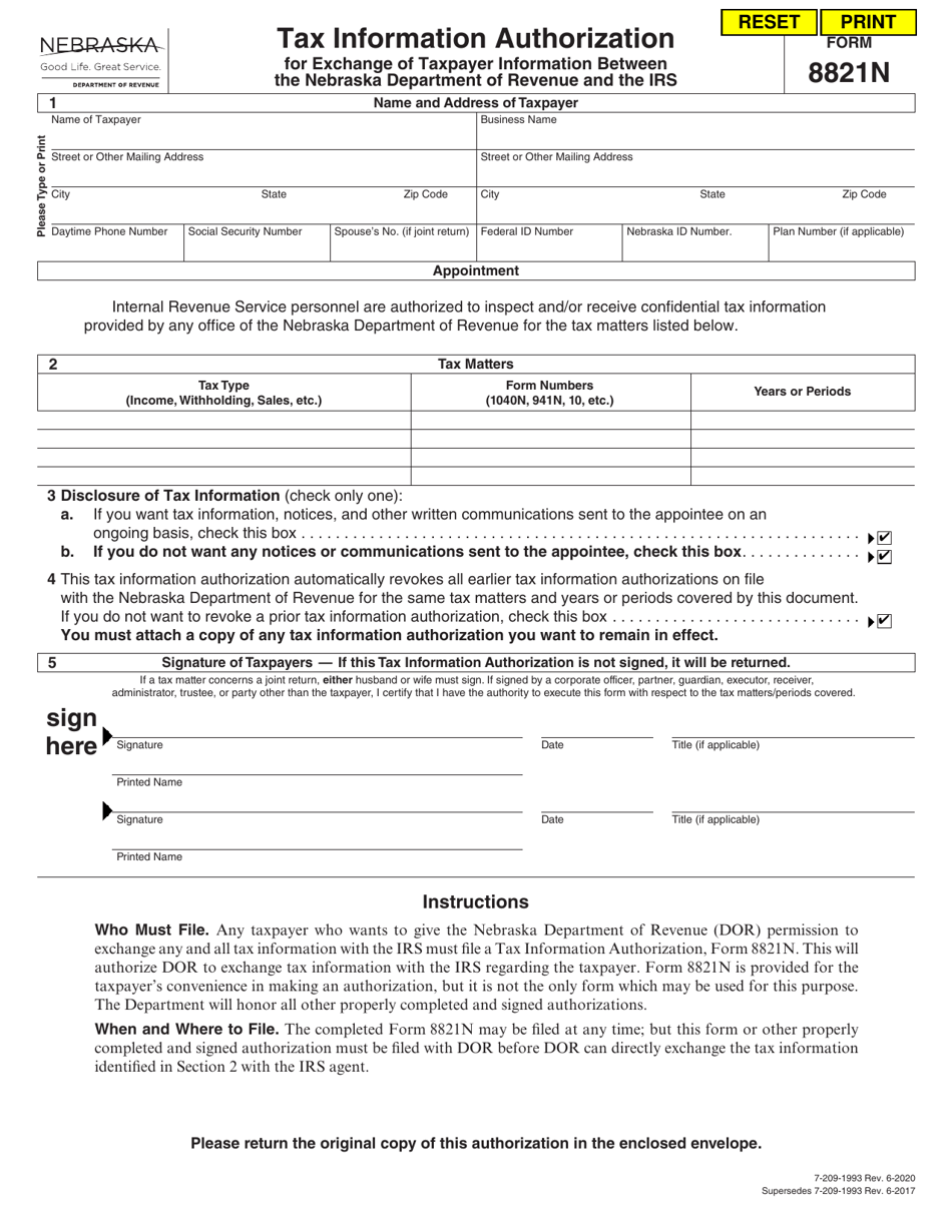 Form 8821N Tax Information Authorization for Exchange of Taxpayer Information Between the Nebraska Department of Revenue and the Irs - Nebraska, Page 1