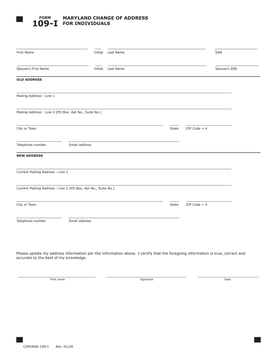 Form 109-I (COM / RAD109-I) Maryland Change of Address for Individuals - Maryland, Page 1