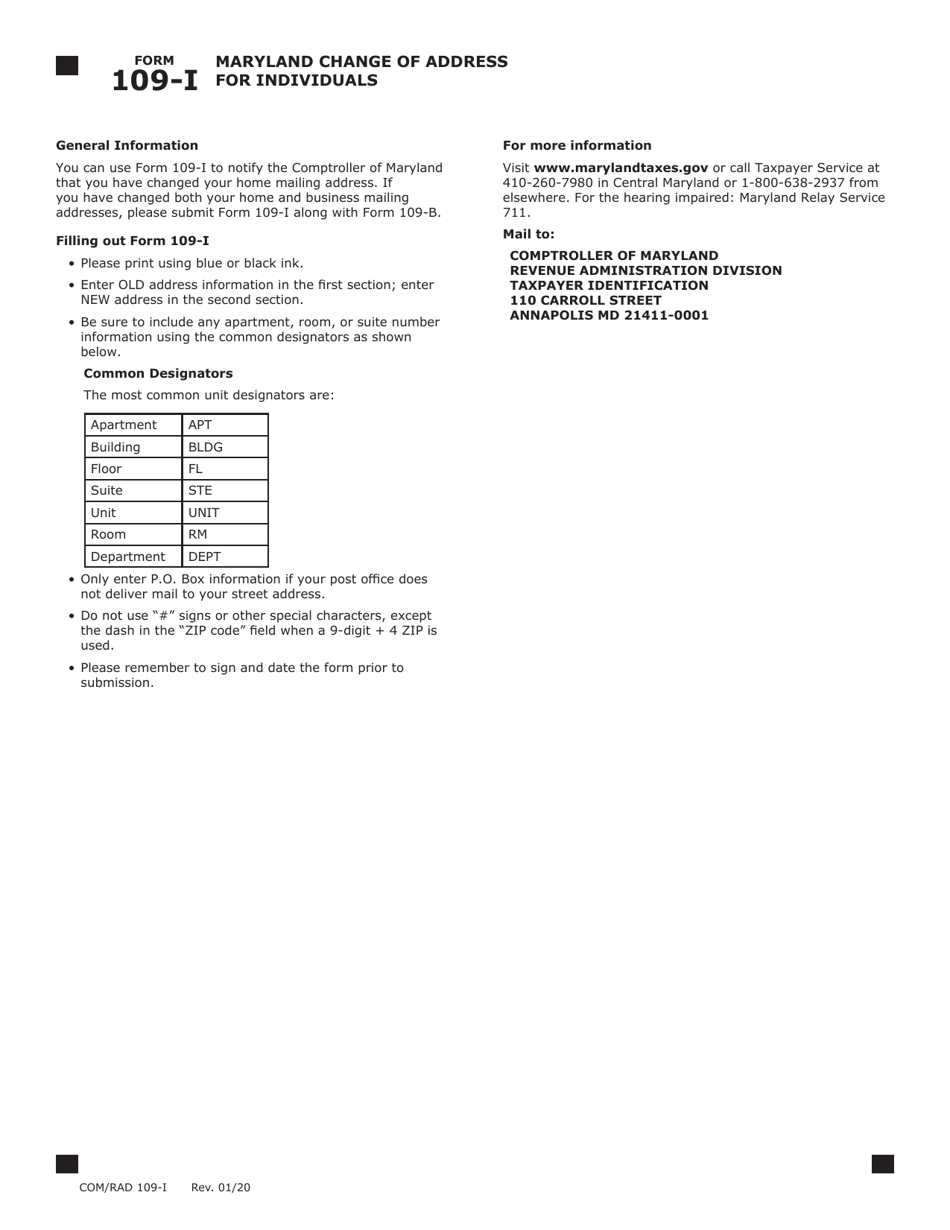 Form 109-I (COM / RAD109-I) Maryland Change of Address for Individuals - Maryland, Page 2
