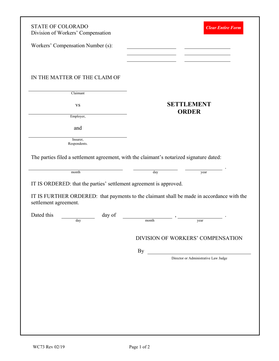 Form WC73 Settlement Order - Colorado, Page 1