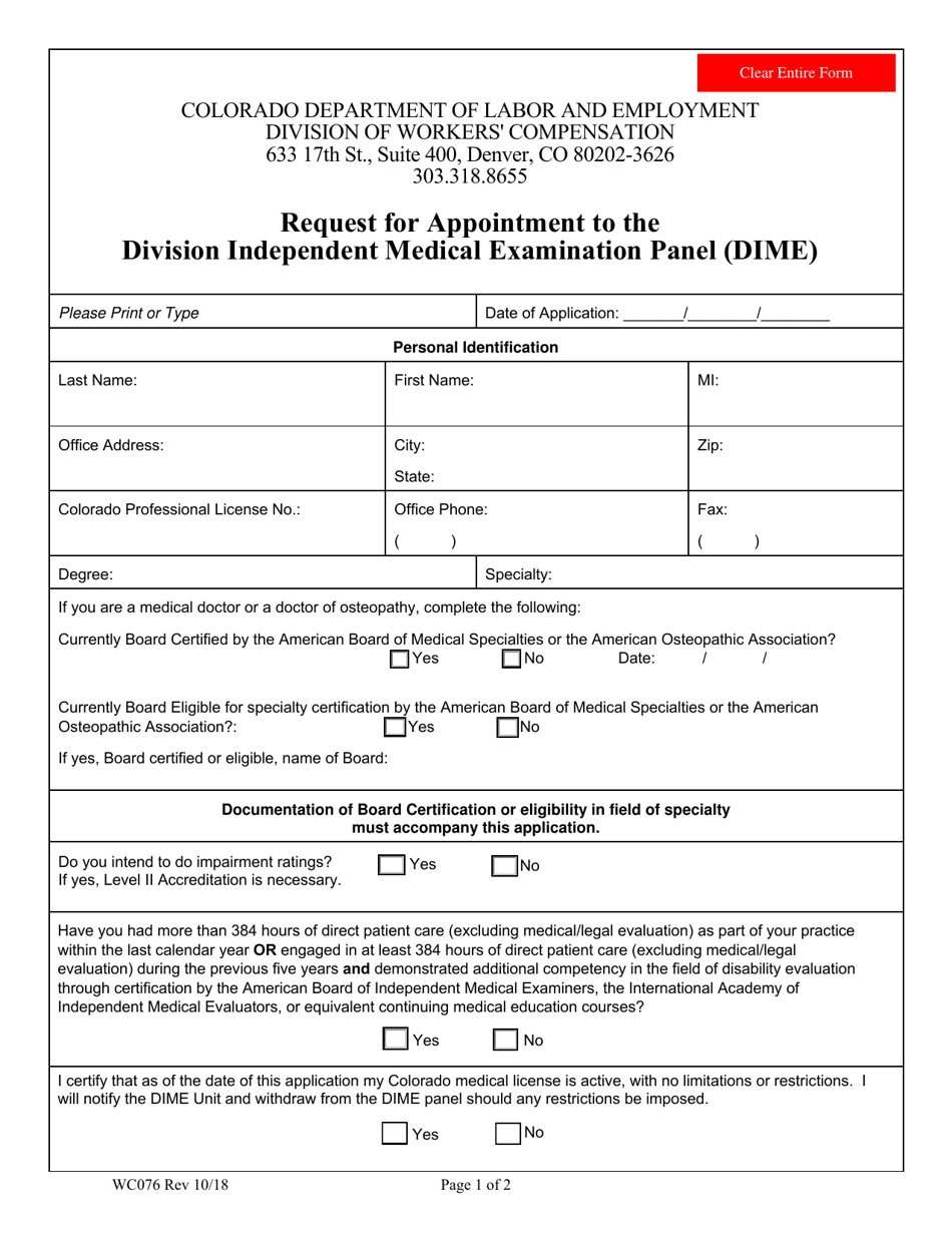 Form WC76 Request for Appointment to the Division Independent Medical Examination Panel (Dime) - Colorado, Page 1