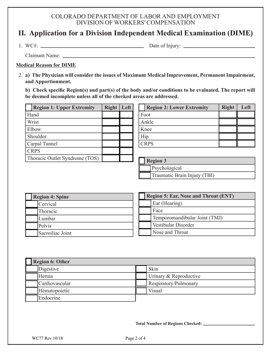 Form WC77 Notice and Proposal and Application for a Division Independent Medical Examination (Dime) - Colorado, Page 2