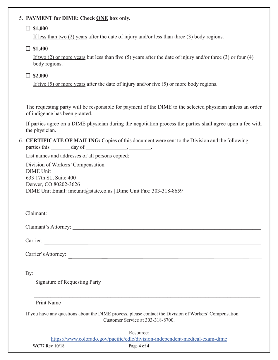 Form WC77 Notice and Proposal and Application for a Division Independent Medical Examination (Dime) - Colorado, Page 4