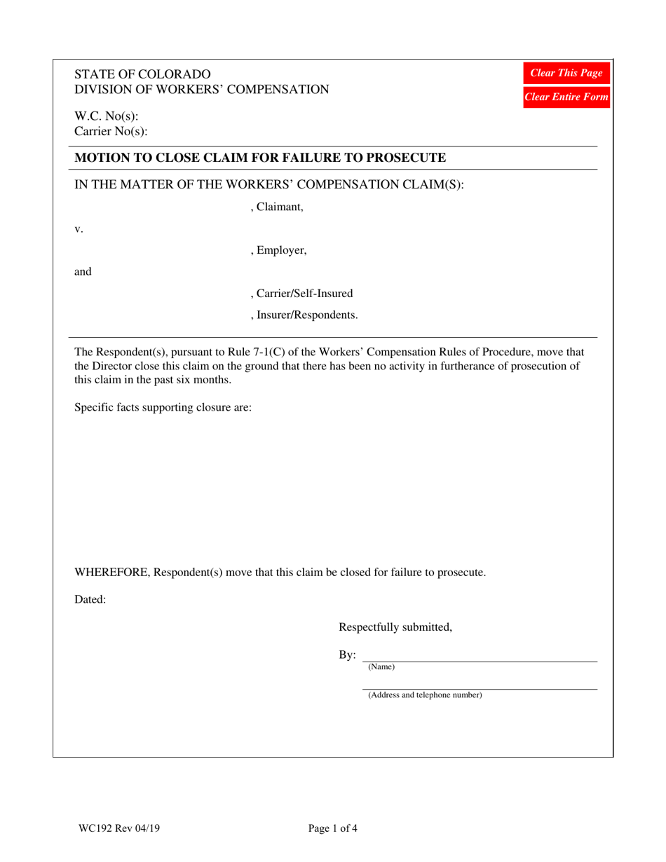 Form WC192 Motion to Close Claim for Failure to Prosecute - Colorado, Page 1
