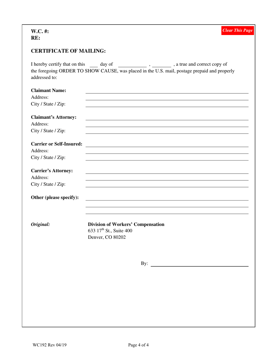 Form WC192 Motion to Close Claim for Failure to Prosecute - Colorado, Page 4