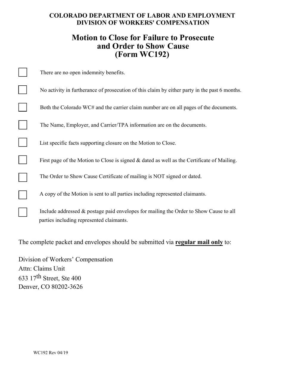 Form WC192 Motion to Close Claim for Failure to Prosecute - Colorado, Page 5