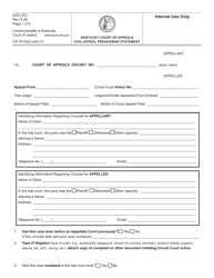 Form AOC-070 Kentucky Court of Appeals Civil Appeal Prehearing Statement - Kentucky