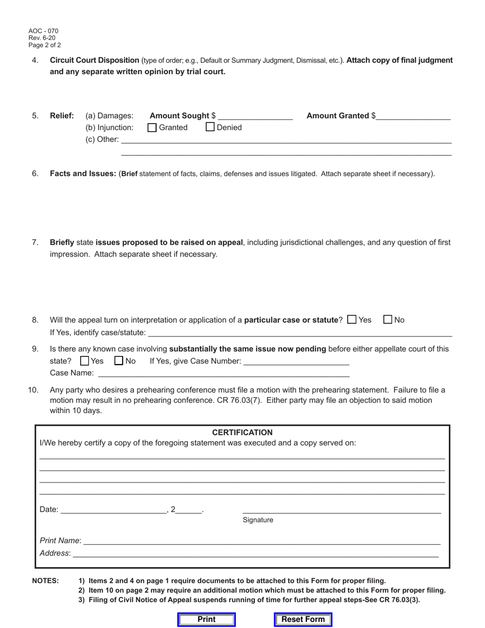 Form AOC-070 Kentucky Court of Appeals Civil Appeal Prehearing Statement - Kentucky, Page 2