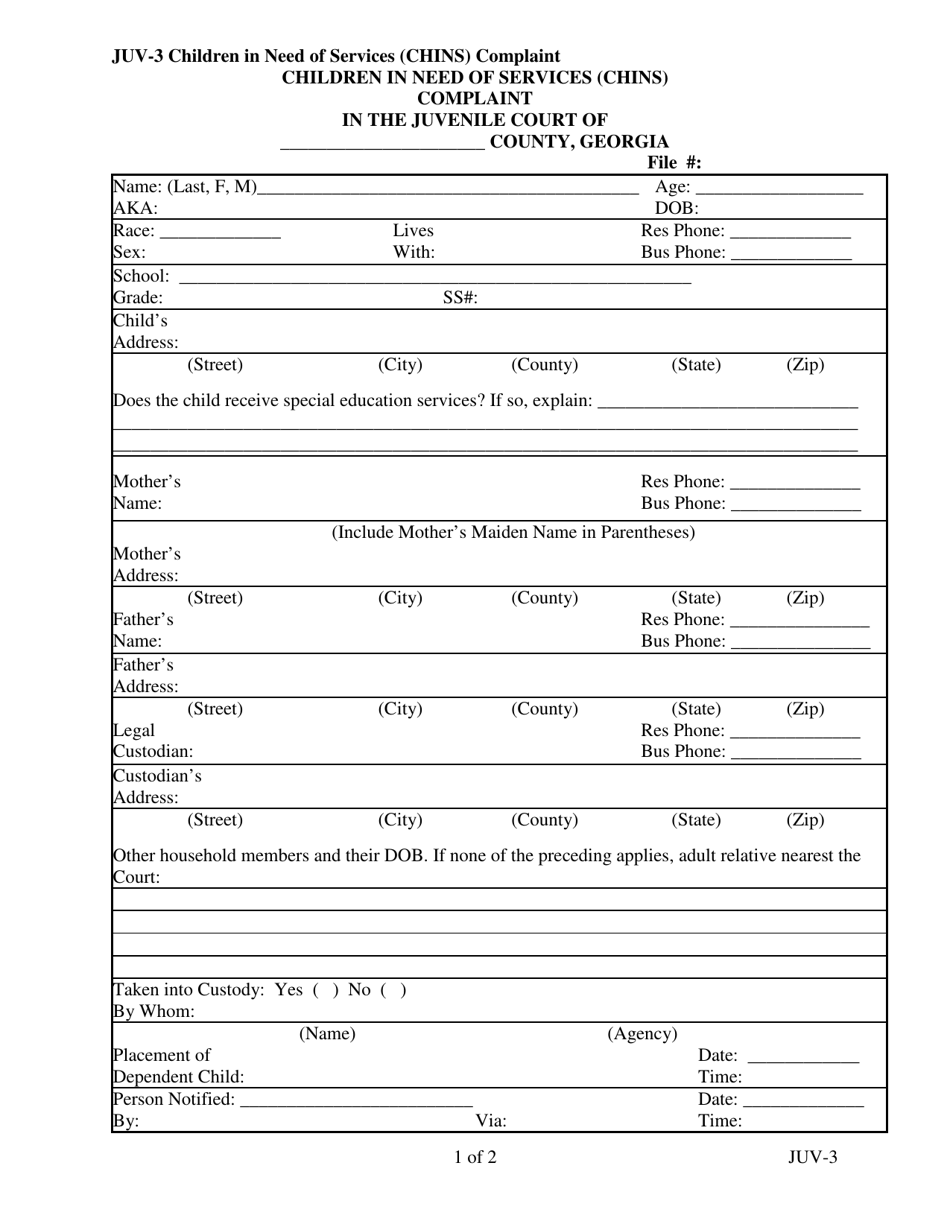 Form JUV-3 Children in Need of Services (Chins) Complaint - Georgia (United States), Page 1