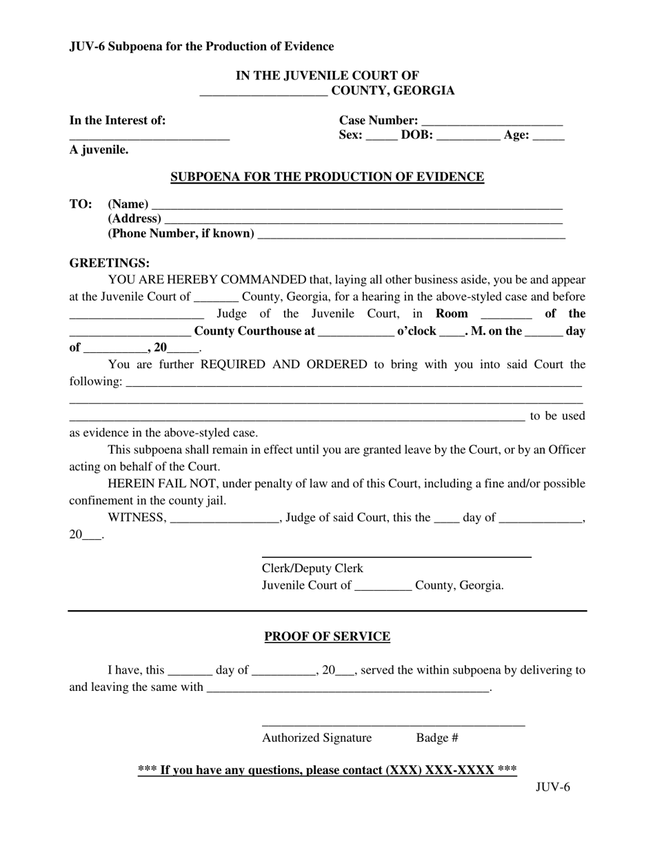 Form JUV-6 Subpoena for the Production of Evidence - Georgia (United States), Page 1