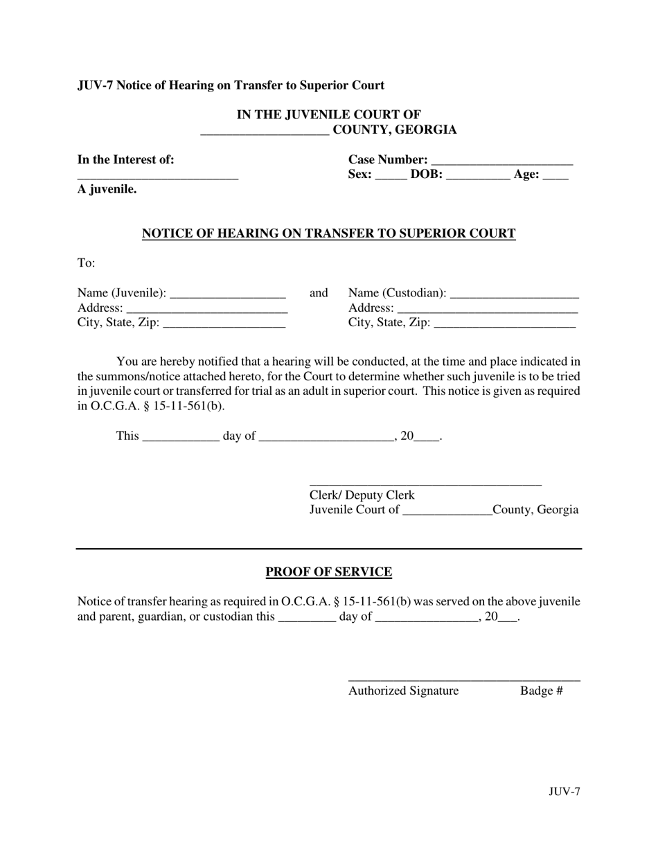 Form JUV-7 Notice of Hearing on Transfer to Superior Court - Georgia (United States), Page 1