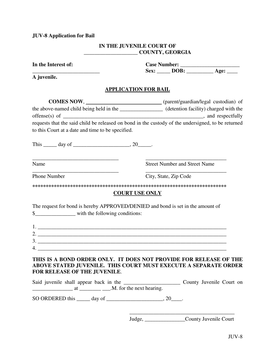 Form JUV-8 Application for Bail - Georgia (United States), Page 1