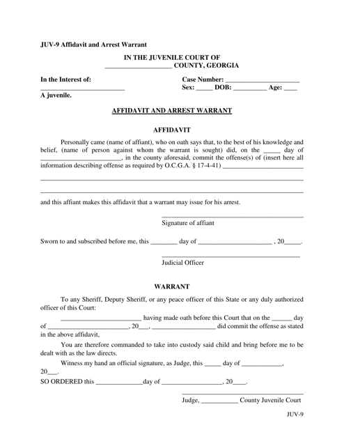 Form JUV-9 Affidavit and Arrest Warrant - Georgia (United States)