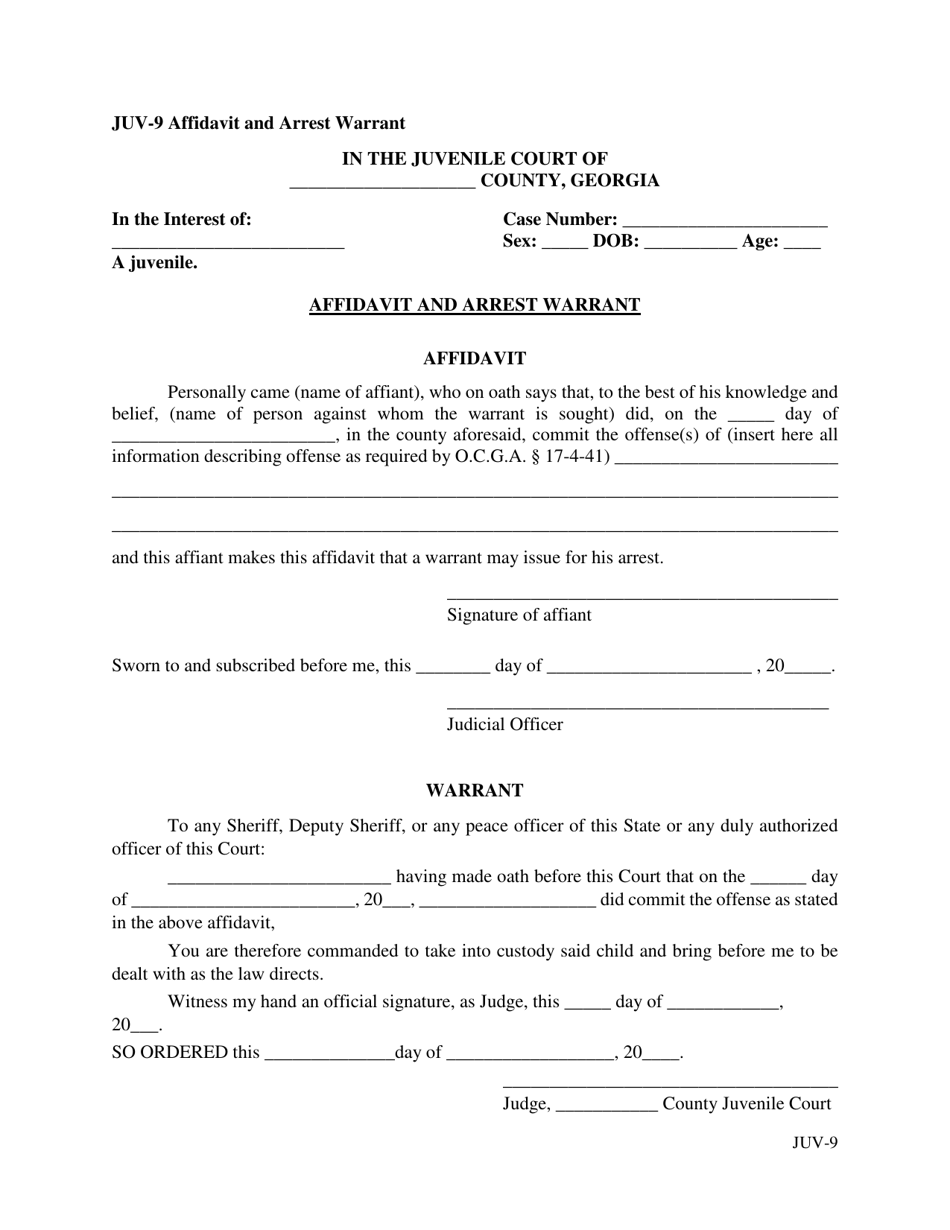 Form JUV-9 Affidavit and Arrest Warrant - Georgia (United States), Page 1