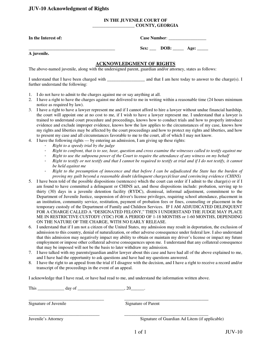 Form JUV-10 Acknowledgment of Rights - Georgia (United States), Page 1