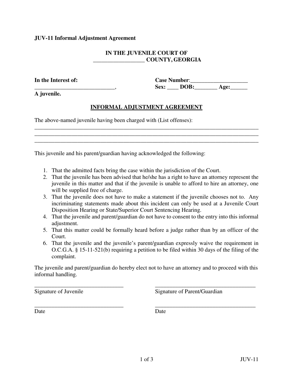 Form JUV-11 Informal Adjustment Agreement - Georgia (United States), Page 1