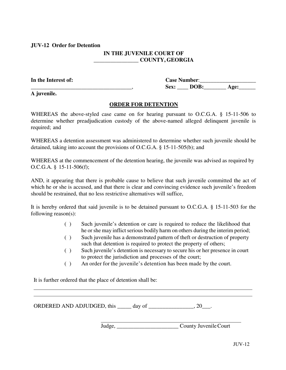 Form JUV-12 Order for Detention - Georgia (United States), Page 1
