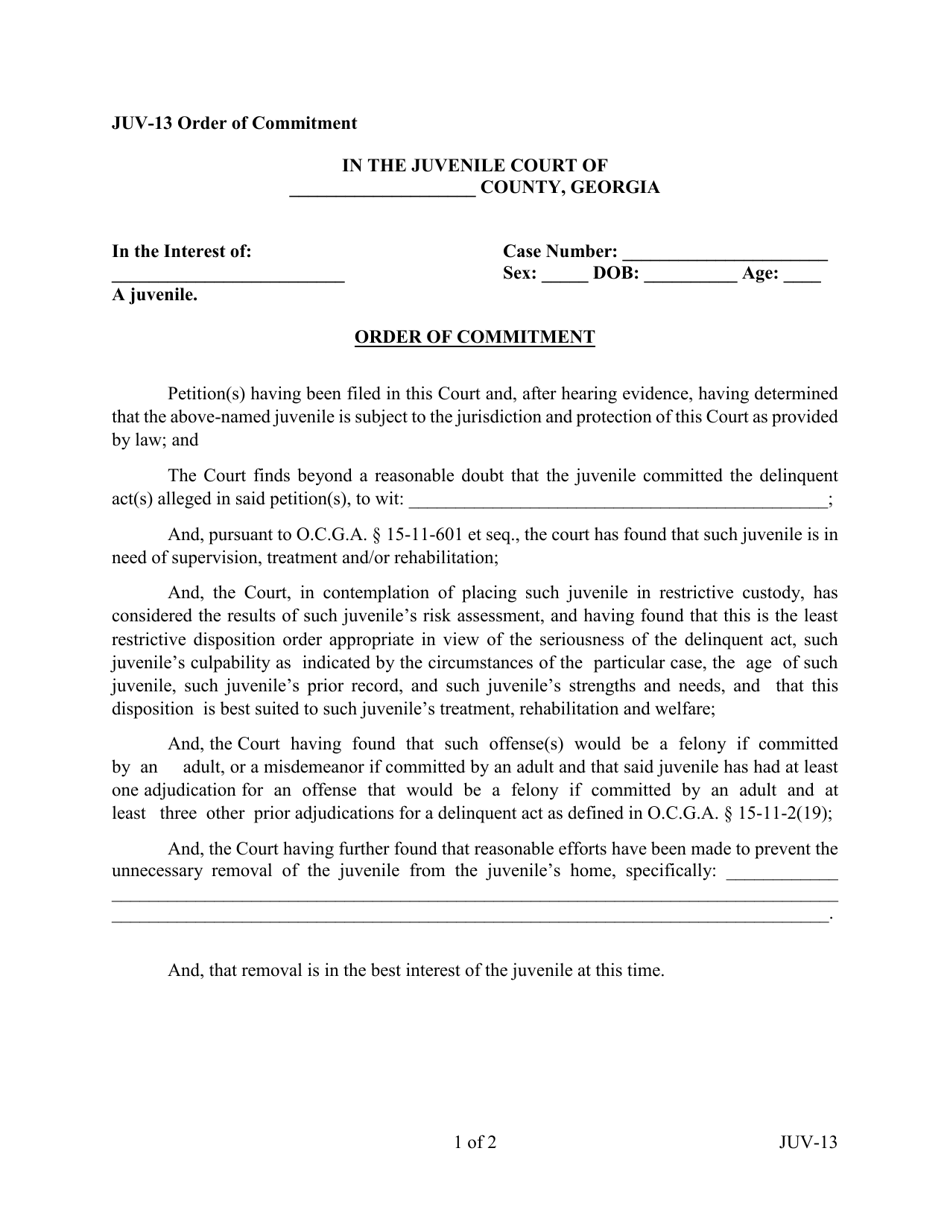 Form JUV-13 Order of Commitment - Georgia (United States), Page 1