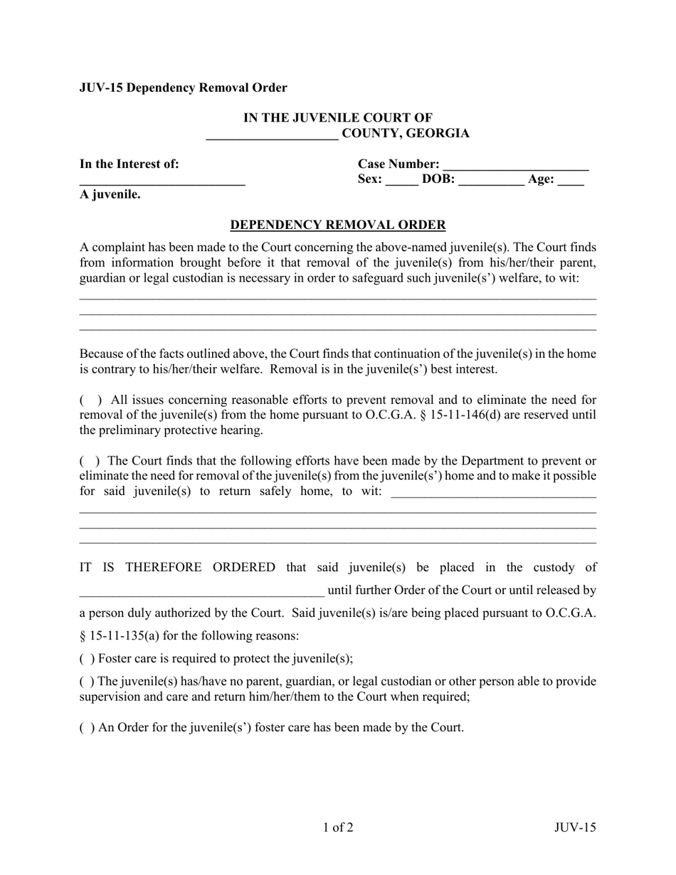 Form JUV-15 Dependency Removal Order - Georgia (United States), Page 1