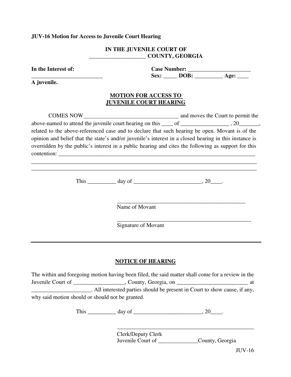 Form JUV-16 Motion for Access to Juvenile Court Hearing - Georgia (United States), Page 1
