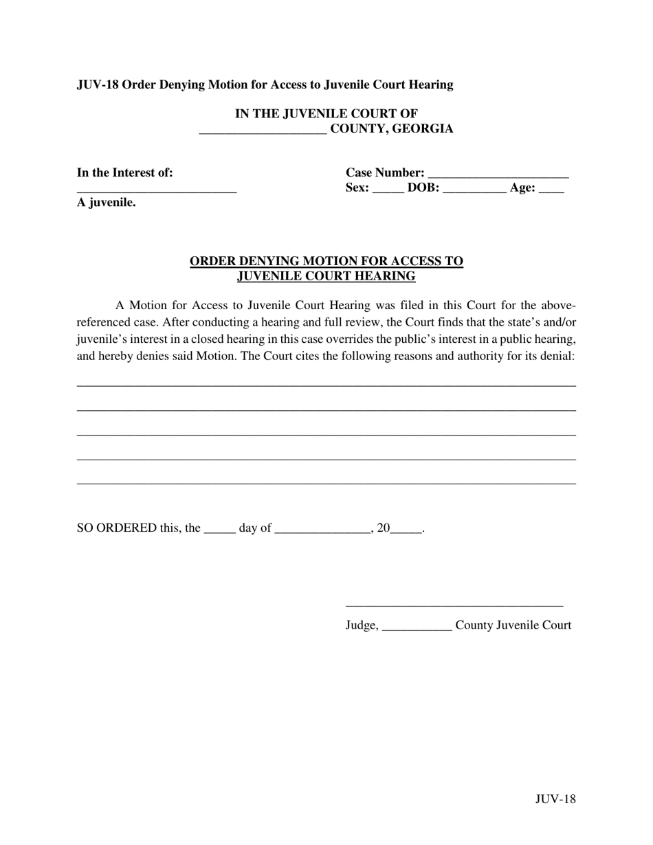 Form JUV-18 Order Denying Motion for Access to Juvenile Court Hearing - Georgia (United States), Page 1
