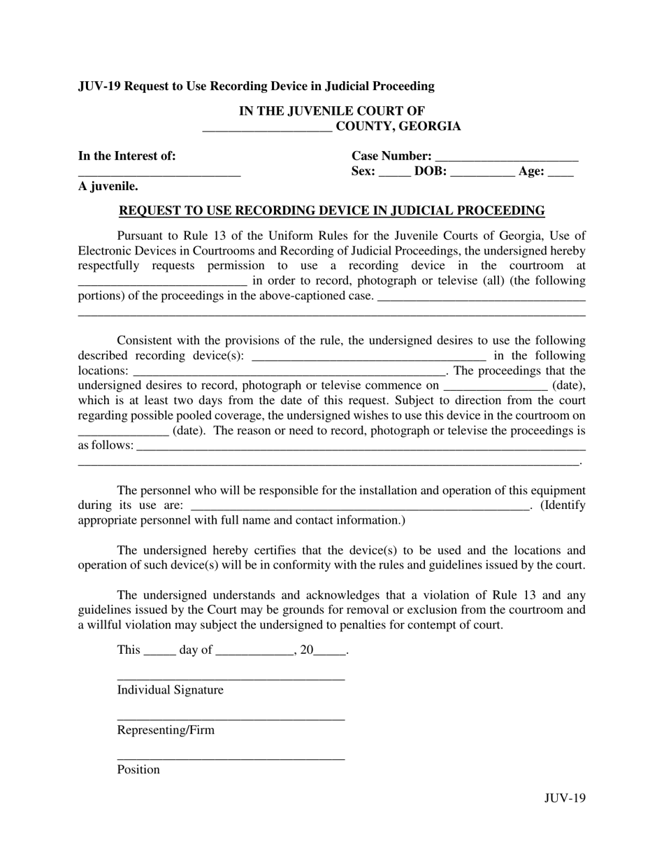 Form JUV-19 Request to Use Recording Device in Judicial Proceeding - Georgia (United States), Page 1