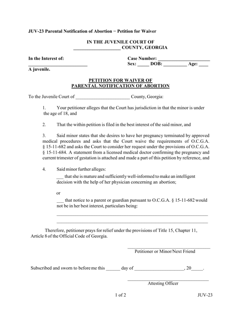 Form JUV-23 Petition for Waiver of Parental Notification of Abortion - Georgia (United States)