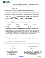 Document preview: Form T21781 Tax Collector's Notice of Excise Tax Delinquency by General Registration Holder (For Official Use of Municipal Tax Assessors/Collectors Only) - Massachusetts