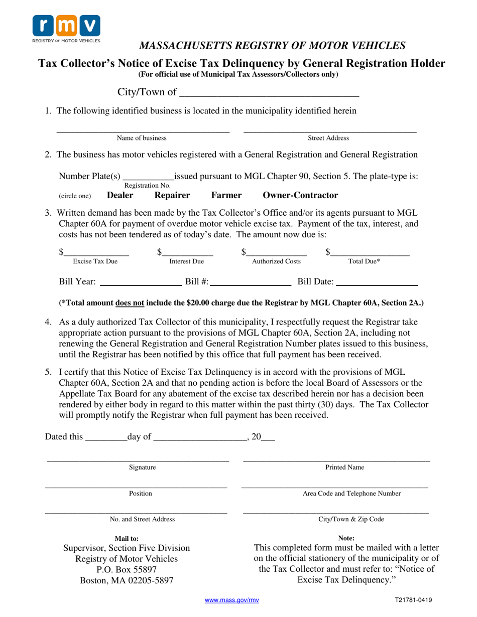 Form T21781 Tax Collectors Notice of Excise Tax Delinquency by General Registration Holder (For Official Use of Municipal Tax Assessors / Collectors Only) - Massachusetts, Page 1