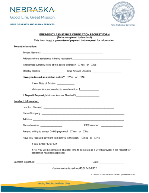 Emergency Assistance Verification Request Form - Nebraska