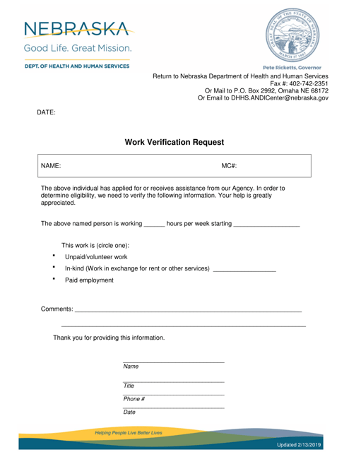 Work Verification Request - Nebraska Download Pdf