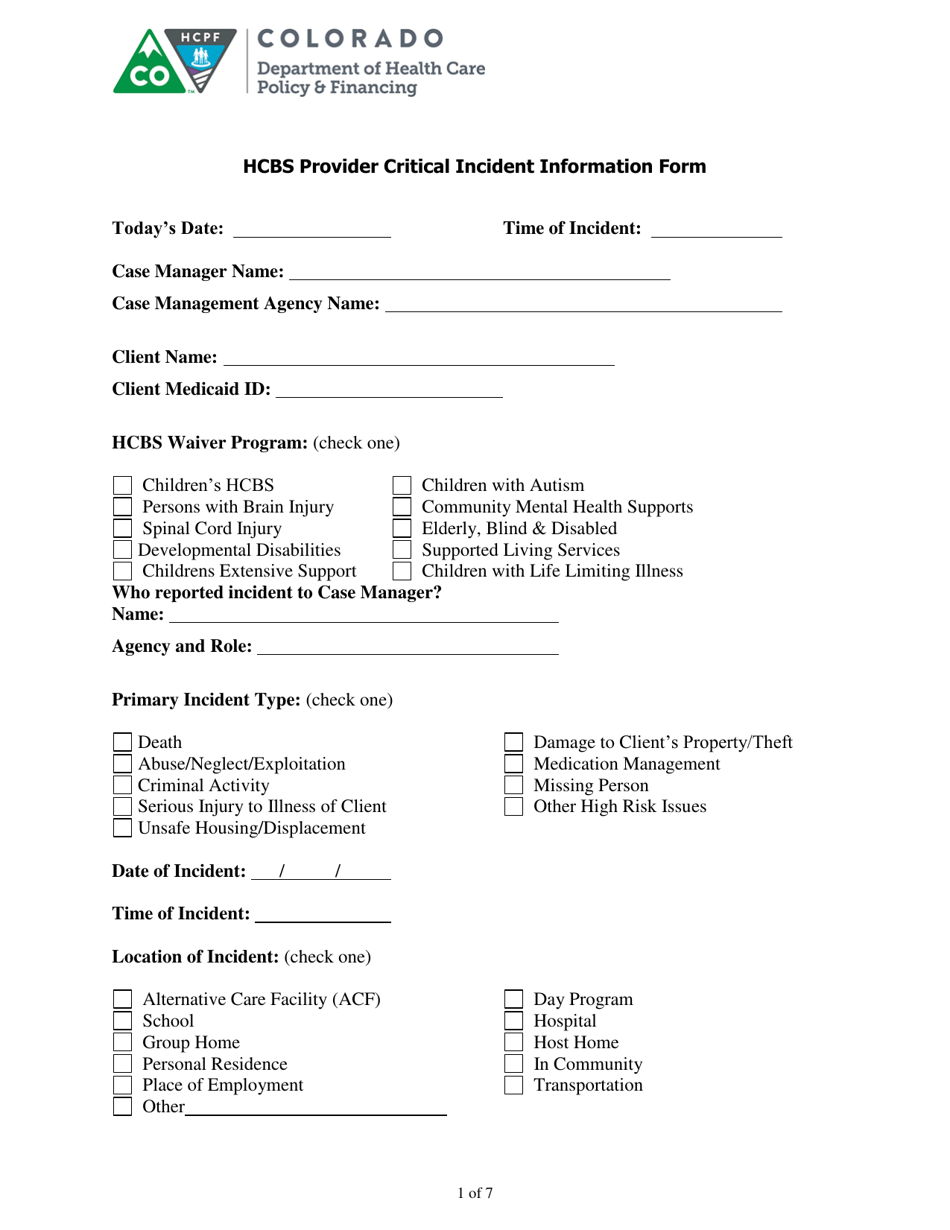 Hcbs Provider Critical Incident Information Form - Colorado, Page 1