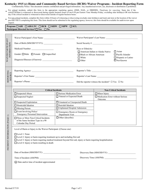 Kentucky 1915 (C) Home and Community Based Services (Hcbs) Waiver Programs - Incident Reporting Form - Kentucky