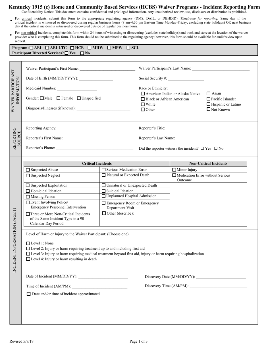 Kentucky 1915 (C) Home and Community Based Services (Hcbs) Waiver Programs - Incident Reporting Form - Kentucky, Page 1
