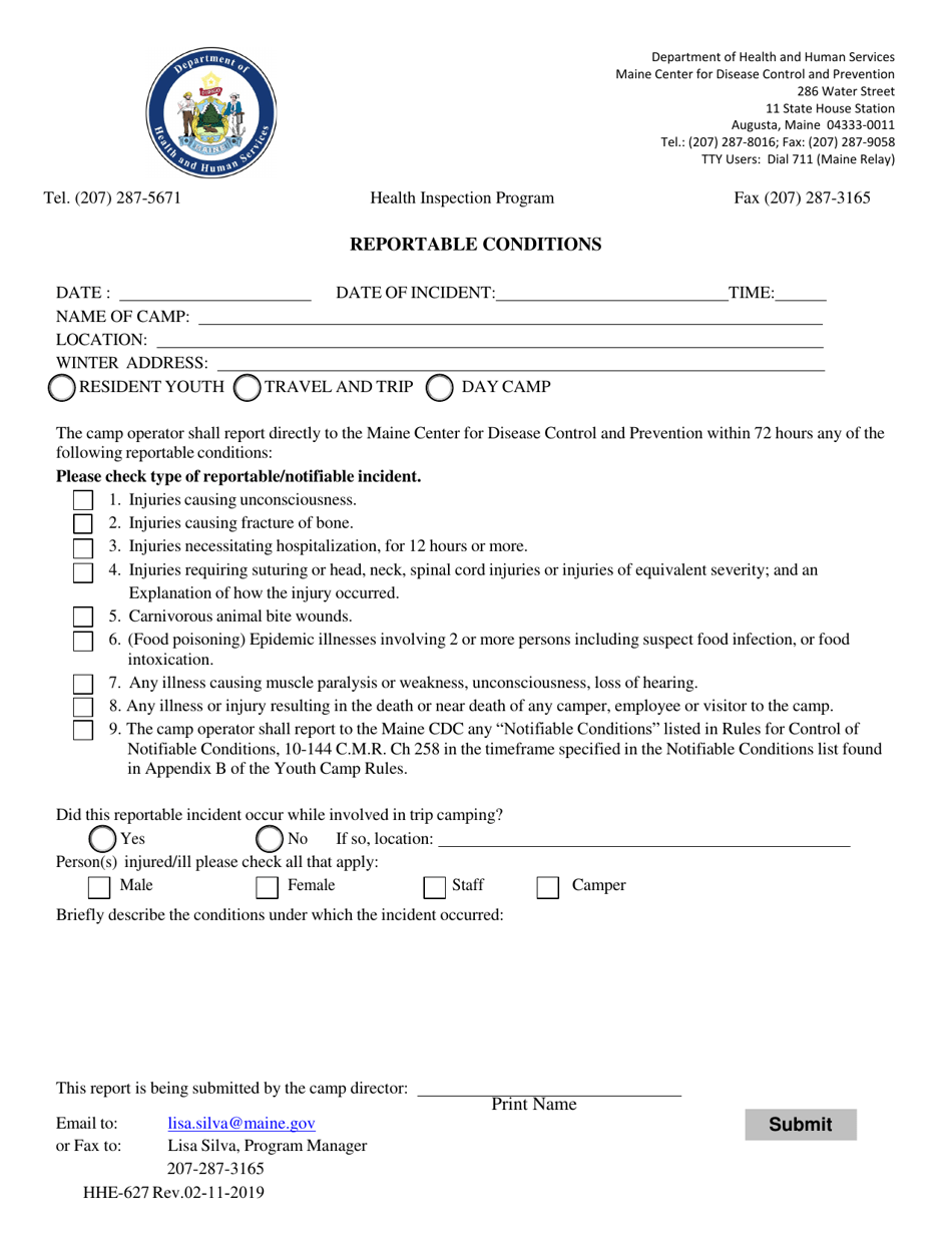 Form HHE-627 Reportable Conditions - Maine, Page 1