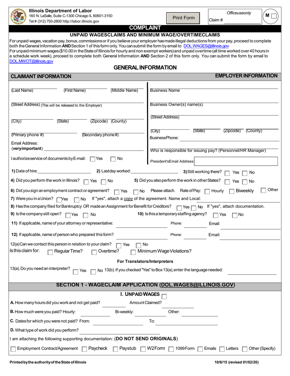 Wage Claim  Minimum Wage Complaint Form - Illinois, Page 3
