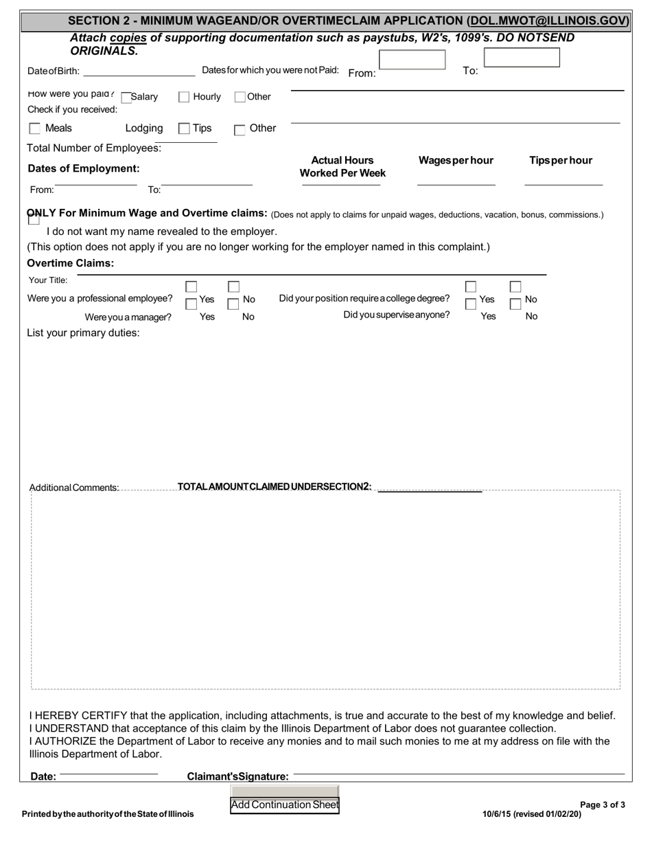 Wage Claim  Minimum Wage Complaint Form - Illinois, Page 5