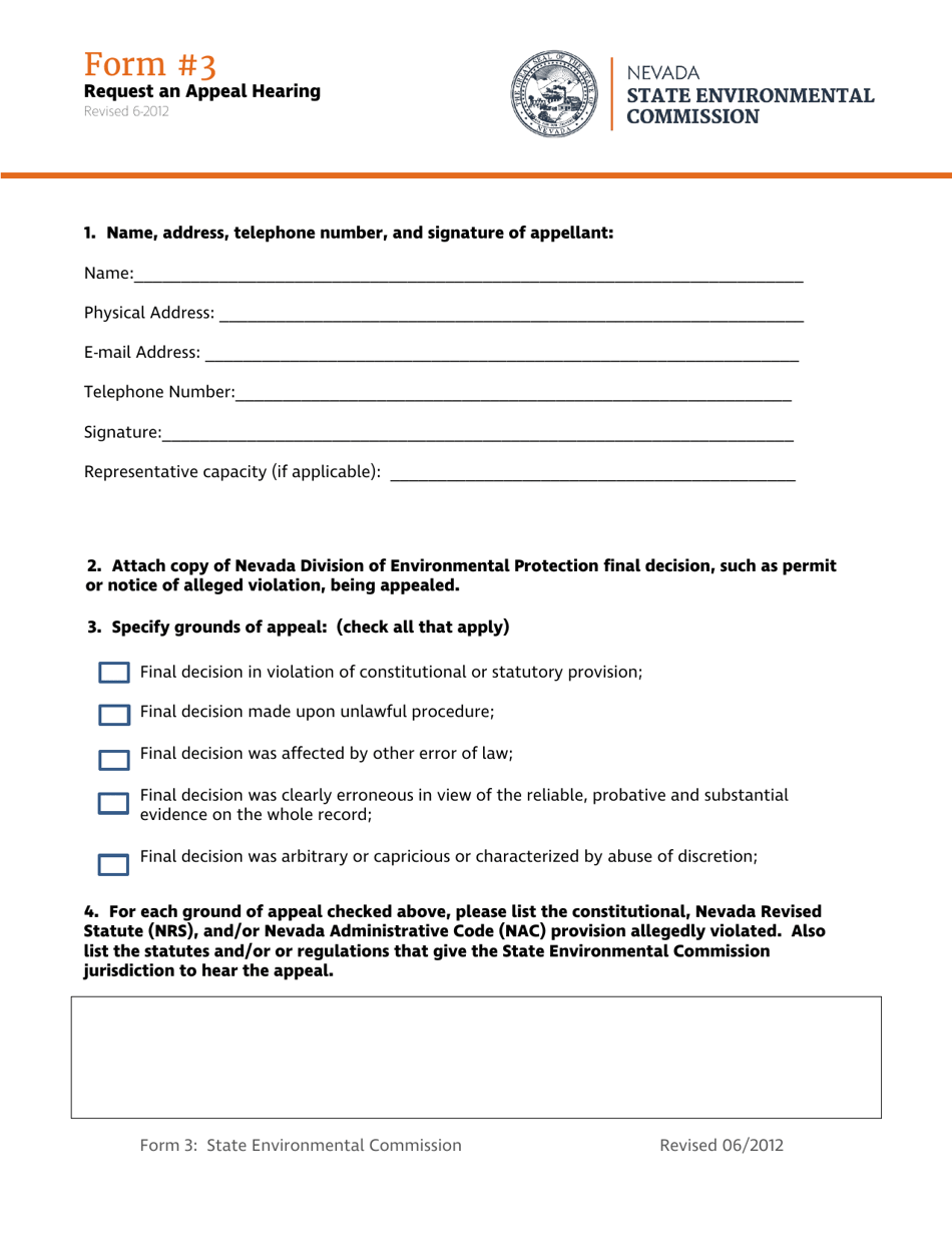 Form 3 Request an Appeal Hearing - Nevada, Page 1