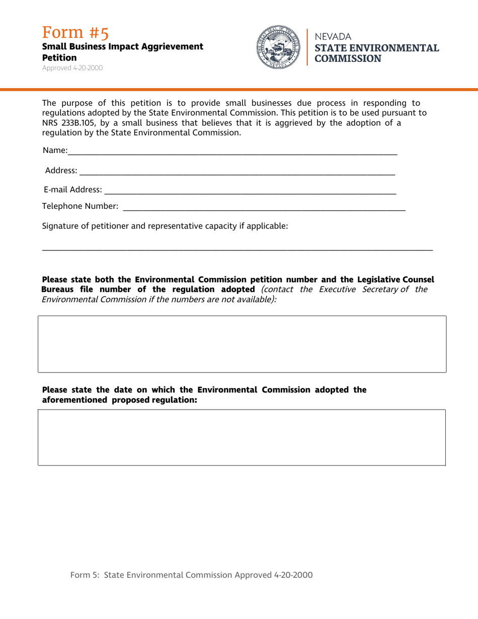 Form 5 Small Business Impact Aggrievement Petition - Nevada, Page 1