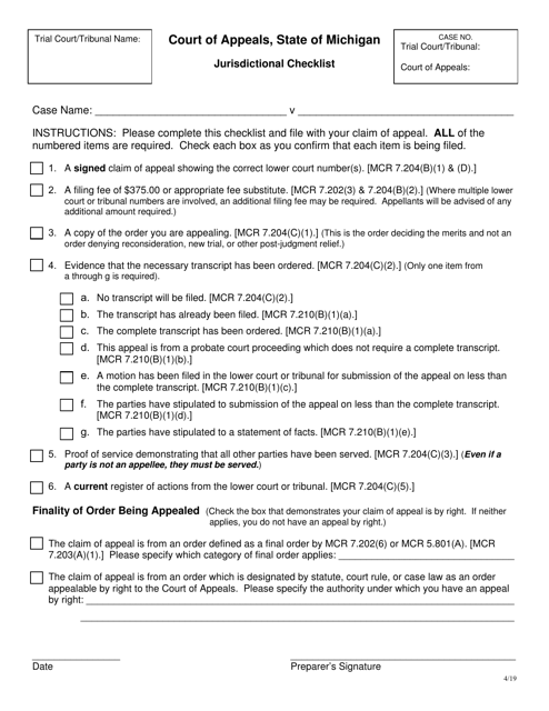 Jurisdictional Checklist - Michigan Download Pdf