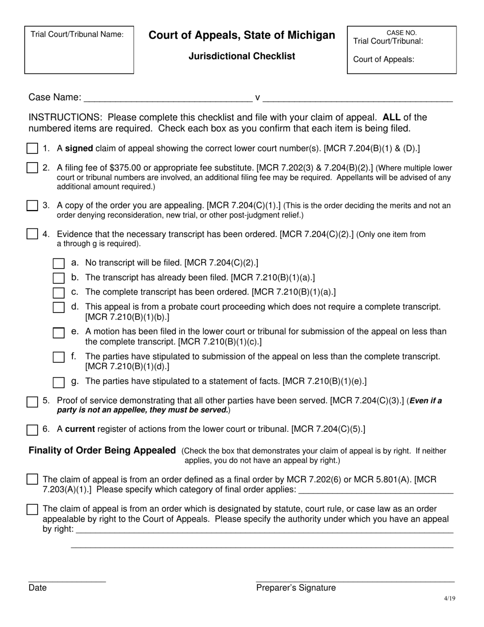 Jurisdictional Checklist - Michigan, Page 1