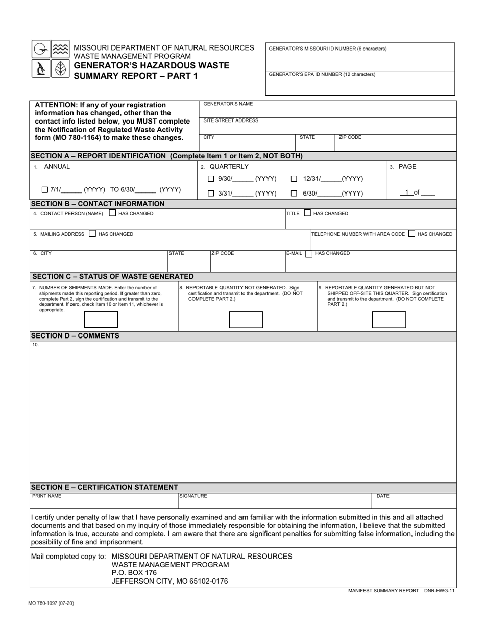 Form MO780-1097 Generators Hazardous Waste Summary Report - Missouri, Page 1