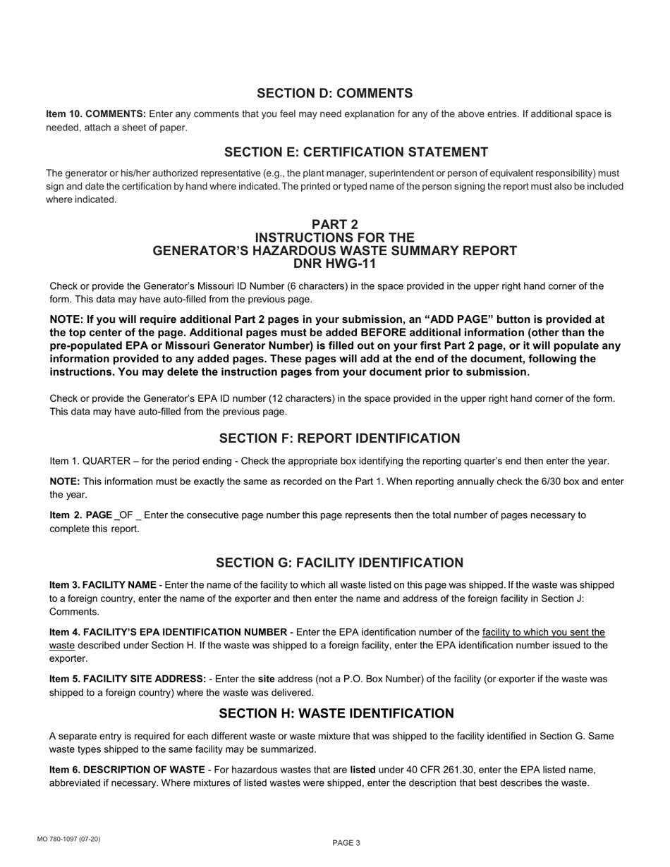 Form MO780-1097 Generators Hazardous Waste Summary Report - Missouri, Page 5