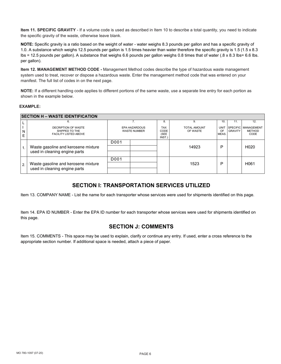 Form MO780-1097 Generators Hazardous Waste Summary Report - Missouri, Page 7