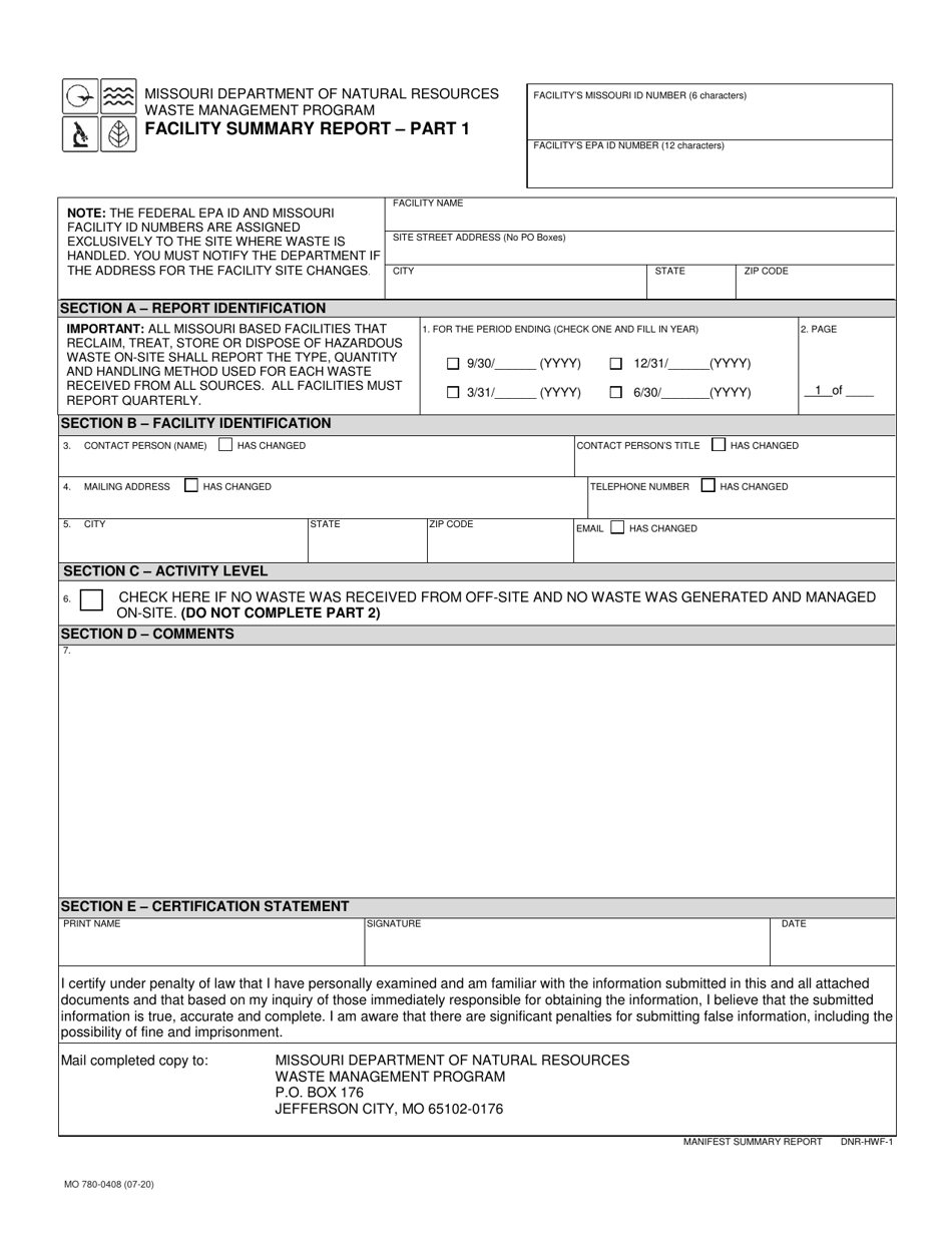 Form MO780-0408 Facility Summary Report - Missouri, Page 1