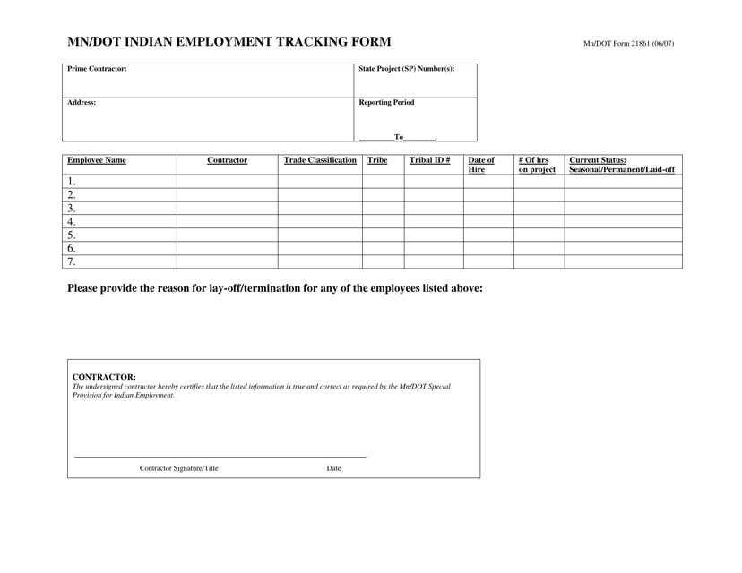 Mn/DOT Form 21861 Mn/Dot Indian Employment Tracking Form - Minnesota