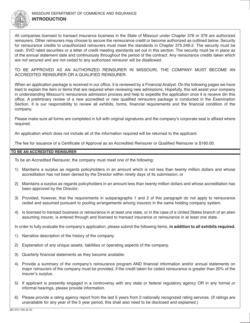 Form MO375-1793 Authorized Reinsurer Application - Missouri, Page 3
