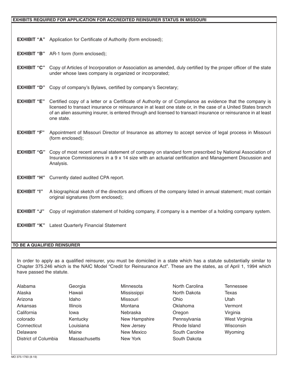 Form MO375-1793 Authorized Reinsurer Application - Missouri, Page 4